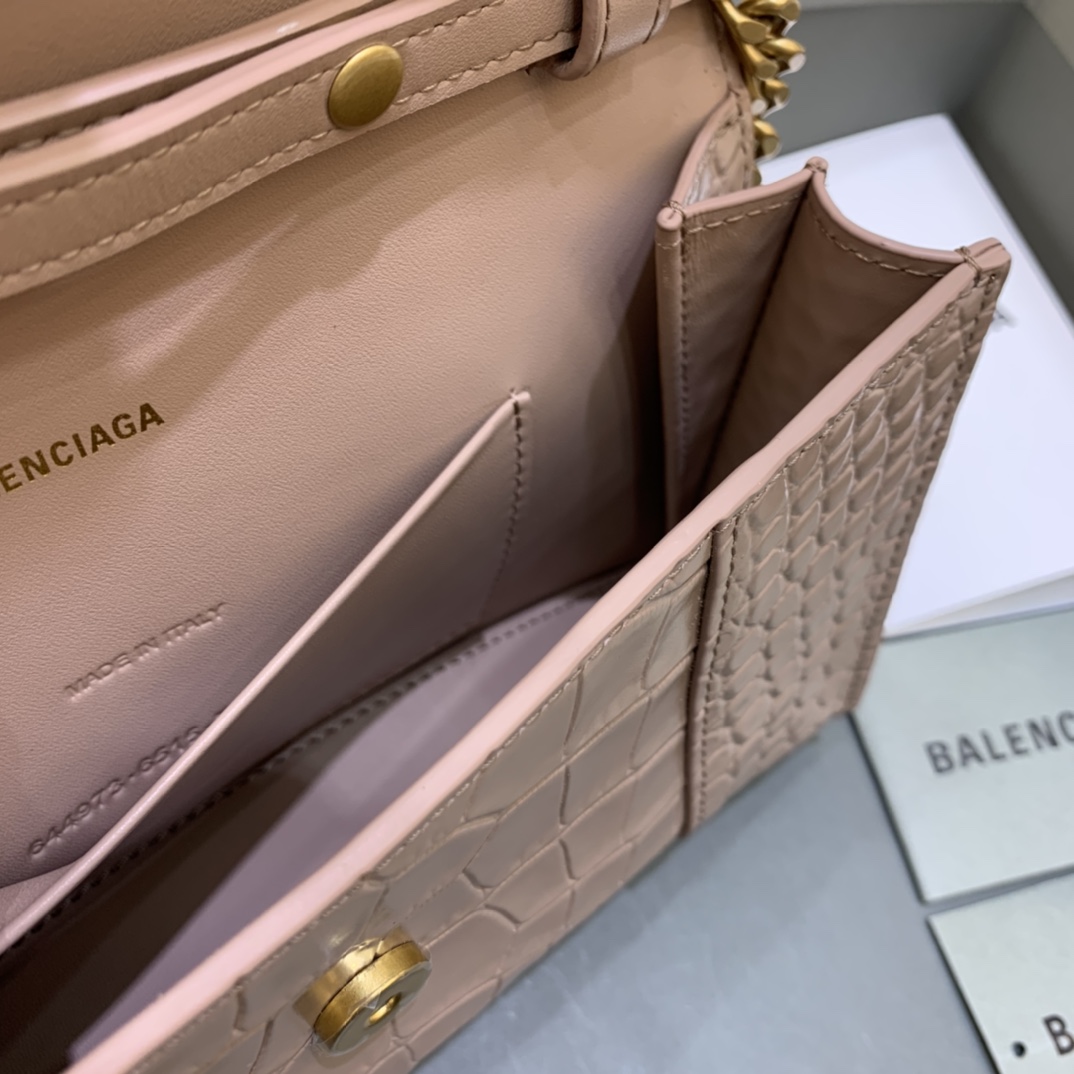 Balenciaga Big Hourglass Wallet With Chain Crocodile Embossed Shoulder Bag Light Coffee